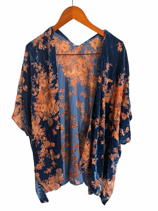 Tops - Navy Velvet Burnout Floral Kimono with Orange Blossom Print OS